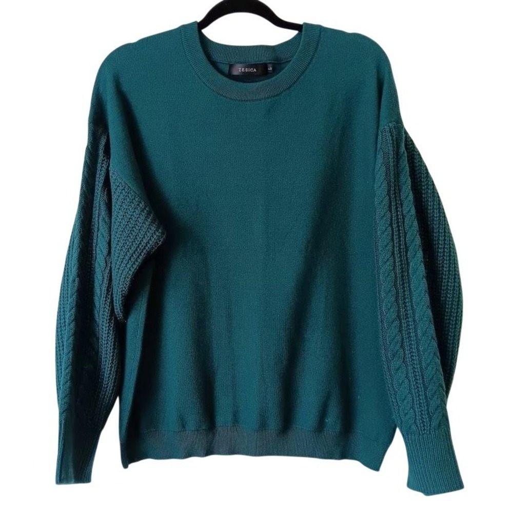 ZESICA Sweater Womens Large Green Cable Knit Sleeve Crewneck Soft Knit Pullover
